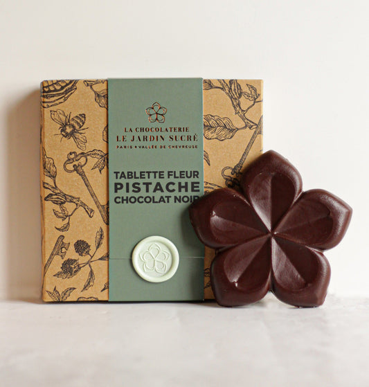 Tablette Fleur Chocolat Noir & Praliné Pistache fabriquée à l'atelier de Le Jardin Sucré à Cernay-la-Ville